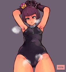 1girls anthrofied armpits arms_behind_head arms_up bob_cut breasts cameltoe chain_chomp chompette covered_navel crown female female_only from_below hand_on_head looking_at_viewer looking_down mario_(series) musk navel new_super_mario_bros._u_deluxe one-piece_swimsuit smell solo steam super_crown sweat swimsuit thigh_gap thighs tight_clothing worm's-eye_view yotahen