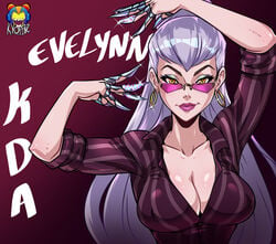 1girls bangs breasts cleavage collarbone earrings evelynn female hoop_earrings k/da_all_out_series kyoffie league_of_legends long_hair looking_over_eyewear looking_over_glasses pink-tinted_eyewear purple-tinted_eyewear smile sunglasses the_baddest_evelynn tinted_eyewear