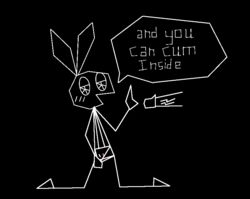 2020 animated anthro black_and_white bodily_fluids clothed clothing dialogue disembodied_penis duo english_text erection female flashing genital_fluids genitals half-closed_eyes kneeling lagomorph leporid male mammal monochrome narrowed_eyes not_a_furfag partially_clothed penis precum pussy rabbit short_playtime speech_bubble spot_color straight text vib-ribbon vibri video_games