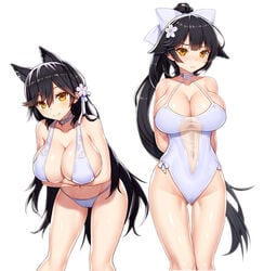 2girls animal_ears arms_behind_back asamura_hiori atago_(azur_lane) atago_(summer_march)_(azur_lane) azur_lane black_hair blush cameltoe embarrassed flower_on_head large_breasts light-skinned_female light_skin multiple_girls sakura_empire_(azur_lane) sisters smile takao_(azur_lane) takao_(beach_rhapsody)_(azur_lane) thigh_gap white_background white_bikini white_bra white_swimsuit yellow_eyes