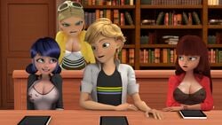 1boy 3d 3girls adrien_agreste alternate_breast_size big_breasts bimbo blonde_hair blue_hair breasts chloe_bourgeois edit ferjuasi huge_breasts lila_rossi marinette_cheng marinette_dupain-cheng miraculous_ladybug nipple_bulge screenshot screenshot_edit transparent_clothing