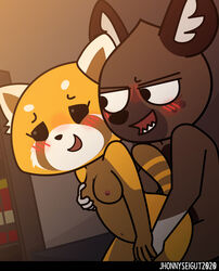 aggressive_retsuko ailurid anthro blush breast_grab breasts duo female haida hand_on_breast hi_res hyaenid jhonnyseitgut male mammal media_accurate navel nipples on red_panda retsuko sanrio sex smooth_fur straight