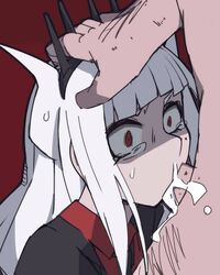 crying_with_eyes_open cum cum_in_mouth deepthroat female female_focus head_grab helltaker helltaker_(character) irrumatio lucifer_(helltaker) male penis sucking_penis tagme white_hair