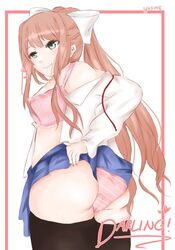 1girls 2019 ass blue_skirt bra brown_hair doki_doki_literature_club female_only green_eyes heart looking_back monika_(doki_doki_literature_club) panties pantyshot pantyshot_(standing) pink_bra pink_panties ponytail ribbon school_uniform schoolgirl shimapan skirt skirt_lift solo_female solo_focus striped_panties thick_thighs thighhighs thighs tied_hair undressing white_ribbon yuxine