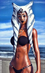 1girls 2019 3d abs ahsoka_tano alien beach bikini black_bikini blue_eyes clothed clothing elerav female female_only fit lekku looking_at_viewer medium_breasts necklace ocean orange_skin outdoors sad sea seaside solo star_wars star_wars_rebels strapless strapless_bikini togruta water