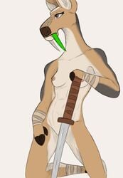 anthro breasts cervid dreamworks female jade_tusk kneeling kung_fu_panda mammal melee_weapon muscular muscular_anthro muscular_female nude pose sketch small_breasts solo sword thewugoddess tusks water_deer weapon