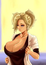 big_breasts female female_focus female_only long_hair mercy nipple_slip nipples overwatch small small_mouth solo solo_female solo_focus yomichiboy