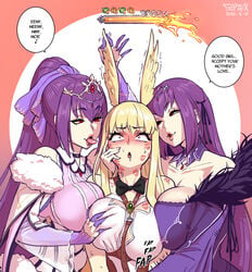 1futa 2020 2020s 2girls ahe_gao animal_ears artist_name bar blonde_hair blush blushing breast_grab breasts cleavage dated drooling fate/grand_order fate_(series) fellatrix female female_on_futa fringe futanari futasub gameplay_mechanics group group_sex head_wings huge_breasts implied_futanari implied_handjob kemonomimi kiss_mark large_breasts lipstick lipstick_mark masturbation meter moaning mommy_kink naughty_face orgasm ponytail purple_hair red_eyes scathach_(fate) scathach_skadi seductive seductive_smile sex smile speech_bubble sweat text threesome thrud_(fate) tongue tongue_out valkyrie_(fate) wings