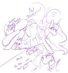 2020 alicorn animal_genitalia animal_pussy anus conditional_dnp dialogue duo english_text equid equine_pussy eyebrow_through_hair eyebrows female feral friendship_is_magic genitals hair hasbro hi_res hooves horn incest mammal monochrome my_little_pony princess_celestia_(mlp) princess_luna_(mlp) purple_and_white pussy sisters sugarlesspaints text translucent translucent_hair underhoof wings yuri