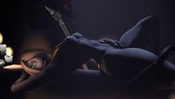 4_fingers abs accessories bedroom_eyes blonde_hair blue_eyes burmecian candle female female_only final_fantasy final_fantasy_ix fit fit_female freya_crescent functionally_nude hat hi_res highres melee_weapon nipples sensual solo solo_focus spear square_enix thong topless