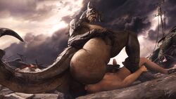 16:9 2020 3d 3d_(artwork) absurd_res anthro ass bethesda_softworks big_breasts big_butt black_hair bodily_fluids breasts claws cloudscape cum cunnilingus deathclaw duo ejaculation erection eyewear facesitting fallout female female_deathclaw foot_grab genital_fluids genitals glasses hair handjob hi_res holding_object horn human interspecies lamoz571 larger_female long_tail looking_at_another looking_down lying male male_human/female_anthro male_human/female_monster mammal monster nipples nude on_back oral penile penis penis_grab pussy_juice saliva scalie sex sitting size_difference sky smaller_male straight teeth tongue tongue_out vaginal_penetration video_games widescreen wreckage