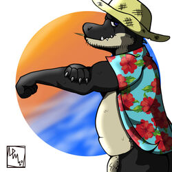 1:1 aloha_shirt anthro belly clothed clothing croc crocodile crocodilian crocodylid flaccid genitals hat headgear headwear male_only musclegut nicohhusky nicothepinkhusky partially_clothed penis reptile scalie simple_background