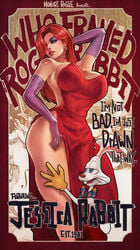 1boy 1girls background big_breasts breasts bust busty cleavage clothing curvaceous curves curvy disney dress ear_piercing earring earrings elbow_gloves eyeshadow female gloves hair_over_one_eye heels high_heels hips hourglass_figure huge_breasts human husband husband_and_wife jessica_rabbit large_breasts legs lipstick monorirogue piercing purple_gloves rabbit red_dress red_hair roger_rabbit solo thick_hips thick_legs thick_thighs thighs voluptuous white_fur who_framed_roger_rabbit wide_hips wife