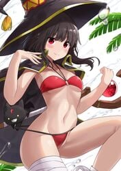 1girls 2020 armpits bandage bandaged_leg bikini bikini_pull black_fur black_hair blurry breasts brown_hair cape chomusuke cross cute demon_wings eyebrows_visible_through_hair eyelashes feline female female_only forehead_mark fringe fur grin hat highres inverted_cross kono_subarashii_sekai_ni_shukufuku_wo! light_skin looking_at_viewer medium_hair megumin navel noeru o-ring o-ring_bikini palm_tree raised_leg red_bikini red_eyes sharp_teeth skinny small_breasts smile solo staff swimsuit teenager teeth thick_thighs thighs tree underboob water wings witch witch_hat yellow_eyes