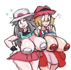 2girls big_breasts blue_eyes brown_hair covered_nipples doodle female female_only grey_hair hat huge_breasts immortalstar large_breasts leaf_(pokemon) long_hair nintendo pasties poke_ball_pasties pokeball pokemon pokemon_rgby pokemon_xy serena_(pokemon) short_hair skirt skitterleaf