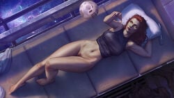 barefoot bottomless casual feet female green_eyes human krysdecker lightsaber mara_jade mara_jade_skywalker pale_skin partially_clothed pubic_hair red_hair star_wars weapon