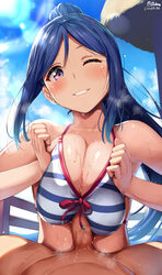 1boy 1girls bangs banned_artist belko bikini blue_hair blush breast_squeeze breasts censored clothed_female_nude_male female front-tie_bikini front-tie_top grin highres large_breasts long_hair looking_at_viewer love_live! love_live!_sunshine!! matsuura_kanan mosaic_censoring nude one_eye_closed outdoors paizuri paizuri_under_clothes ponytail pov purple_eyes smile solo_focus straight striped striped_bikini sweat swimsuit teeth