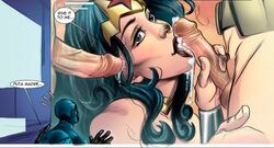 1girls 2boys batman bayushi black_hair blue_beetle bruce_wayne caught caught_on_camera cum cum_on_face dc dc_comics diana_prince hand_on_penis handjob jaime_reyes justice_league kiss kissing kissing_penis penis threesome watchtower wonder_woman wonder_woman_(series)