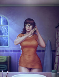 1girls bathroom bottomless brown_hair brushing_hair casual casual_exposure eyewear female female_only glasses hairbrush hanna-barbera human krysdecker nipples_visible_through_clothing no_panties pale_skin pubic_hair pussy scooby-doo shirt sink solo t-shirt topwear velma_dinkley