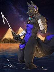 1boy ankh anthro anthro_only aqua_eyes balls big_penis black_fur canine canine_penis cum cumshot dog_ears dog_tail dogboy egypt egyptian egyptian_makeup furry furry_only huge_cock makeup male male_only masturbation night open_mouth penis pyramids river stars twinkle-sez