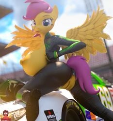 2020 3d 3d_(artwork) anthro anthrofied anus armor big_breasts breasts clothed clothing digital_media_(artwork) equid equine female fingerless_gloves forsaken_(artist) friendship_is_magic genitals gloves hair hair_on_head handwear hasbro headgear helmet hi_res leather looking_at_viewer mammal my_little_pony open_clothing overalls partially_clothed pegasus pose purple_eyes purple_hair pussy race_car scootaloo_(mlp) solo wings