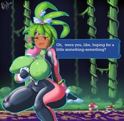 1girls anthro areolae blaster_master blaster_master_zero_2 breasts dialogue gloves kanna_(blaster_master) large_breasts mob_face nipples pallyden plantie presenting presenting_breasts sitting solo solo_female tagme talking text winking