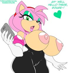 1girls alternate_breast_size amy_rose amy_the_bat anthro bedroom_eyes big_ass big_breasts bimbo breasts breasts_out busty cameltoe clothing cosplay female female_only flat_colors furry green_eyes habbodude huge_breasts large_breasts nipples open_mouth phone rouge_the_bat_(cosplay) sega short_hair solo sonic_(series) sonic_the_hedgehog_(series) thecon white_background