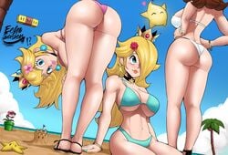 3girls ass beach big_ass big_breasts bikini blonde blonde_hair blue_eyes brown_hair bubble_butt crown earrings echosaber fat_breasts female female_only flat_belly large_breasts long_hair luma mario_(series) nintendo pale-skinned_female pale_skin piranha_plant princess_daisy princess_peach princess_rosalina super_mario_bros. thick_thighs thighs