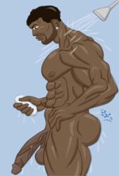 1boy abs bad_anatomy big_butt big_penis black_hair blue_background brown_eyes dark-skinned_male dark_skin ear_piercing earring facial_hair flaccid_cock huge_cock interracial large_balls male_only muscles muscular_male pecs rsterling shower soap veiny_penis water_dripping wet