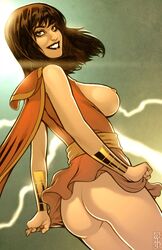 1girls ass bare_ass bare_breasts big_ass big_butt bottomless breasts breasts_out brown_eyes brown_hair butt cape dc dc_comics exposed_breasts lightning lipstick looking_at_viewer mary_batson mary_marvel nipples no_panties shade_jones shazam_(series) sideboob smiling smiling_at_viewer solo solo_female tagme thick upskirt