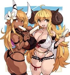 2girls ahoge anila_(granblue_fantasy) armband ass bangs big_breasts bikini blonde_eyebrows blonde_hair blunt_bangs cleavage cow_ears cow_horns curved_horns dark-skinned_female dark_skin detached_sleeves draph draph_race_(granblue_fantasy) earrings eyebrows_visible_through_hair female_focus female_only flower_in_hair granblue_fantasy horns humanoid ice_cream kumbhira_(granblue_fantasy) kuvira_(granblue_fantasy) legband light-skinned_female light_skin long_hair looking_at_viewer open_mouth ribbon-trimmed_bikini sheep_horns short_eyebrows sideboob sweat thick thick_thighs very_high_resolution very_long_hair wide_hips yellow_eyes zanamaoria