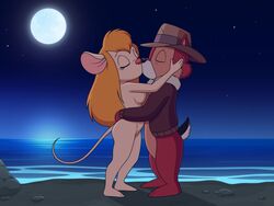 anthro beach bottomless breasts chip chip_'n_dale_rescue_rangers chipmunk closed_eyes clothed clothing disney duo fedora female gadget_hackwrench ground_squirrel hat headgear headwear jacket kissing light male mammal moon moonlight mouse murid murine night nude outdoors rodent romantic sciurid seaside sfan straight topwear