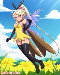 1girls blonde_hair cosplay erin_(reit) fairy fairy_wings female flying original original_character outdoors pointy_ears pokemon pokemon_(cosplay) purple_eyes reit ribombee ribombee_(cosplay) shy solo solo_female