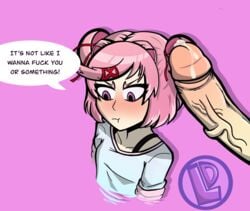 1boy 1girls angry annoyed big_penis blush doki_doki_literature_club dripping female frown imminent_sex inviting light-skinned_male loodie_doodie natsuki_(doki_doki_literature_club) pink_eyes pink_hair precum precum_drip small_breasts tsundere veiny_penis