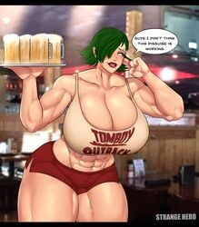 abs avis_(strangehero) beer cleavage collarbone green_hair huge_ass huge_breasts large_hands muscular_female naughty_face outback_steakhouse seductive seductive_smile short_hair short_shorts smile strangehero sweat tagme text thick_thighs tomboy_outback toned_female voluptuous