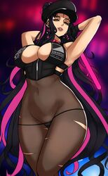 alecto_0 black_hair bodystocking breasts cleavage_cutout clothing earrings fate/grand_order fate_(series) female female_focus female_only forehead_mark hat light_stick lips pink_hair pov sesshouin_kiara side-tie_panties solo solo_female torn_bodystocking torn_bodysuit two_tone_hair very_long_hair yellow_eyes