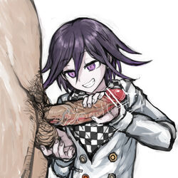 2boys balls big_balls big_penis censored cmnm danganronpa danganronpa_v3 fondling_balls gay half-closed_eyes handjob holding_penis human human_only kokichi_ouma ouma_kokichi penis pubic_hair purple_eyes purple_hair puru smile smirk straight_hair veiny_penis video_games yaoi