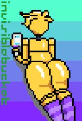 1girls animatronics anthro ass ass_focus big_ass bird bottomless female female_only five_nights_at_freddy's five_nights_at_freddy's_2 invisiblebucket nude pixel_art presenting robot socks solo solo_female thick_thighs topless toy_chica_(eroticphobia) toy_chica_(fnaf) yellow_body