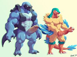 1boy 2020 abs alternate_version_at_source anthro anthrofied archeops avian balls carracosta erection fossil_pokémon front_view genitals hi_res humanoid_genitalia humanoid_penis male male_only muscular muscular_male nintendo pecs penis pokémon_(species) pokemon reptile scalie simple_background solo standing video_games voviat