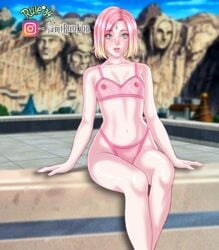 1girls bikini boruto:_naruto_next_generations bra female flat_chest flat_chested green_eyes looking_at_viewer naruto naruto_shippuden nipples pale-skinned_female panties pink_hair pink_nipples sakura_haruno samiruukun see-through short_hair sitting small_breasts smooth_skin solo