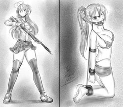 1girls angry antenna_hair arms_behind_back ball_gag big_breasts bondage cleavage dakuroihoshi drawing female female_only femsub fenrilhuayra gag gagged highschool_of_the_dead instant_loss_2koma looking_at_viewer ponytail rei_miyamoto rope school_uniform schoolgirl sketch solo thick_thighs tied_up underwear