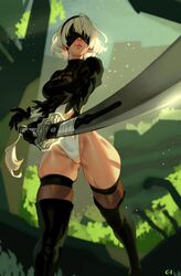 1girls beauty_mark blind blindfold cropped_legs eigaka female female_only gloves hairband highleg highleg_leotard holding_katana holding_sword holding_weapon katana leotard lips medium_hair nature nier nier:_automata pink_lips shiny_skin skindentation solo sword thick_thighs thigh_boots thighs warrior white_hair wide_hips yorha_2b