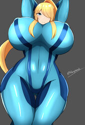 1girls alternate_breast_size ayamahi big_breasts blonde_hair blue_eyes breasts breasts_bigger_than_head female grey_background huge_breasts huge_thighs large_breasts long_hair metroid nintendo pale-skinned_female pale_skin samus_aran thick_thighs voluptuous wide_hips zero_suit zero_suit_samus