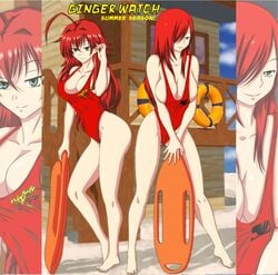 baywatch_(cosplay) baywatch_(franchise) beach big_breasts bleedor commission crossover erza_scarlet fairy_tail high_school_dxd lifeguard public red_hair rescue_buoy rias_gremory swimsuit