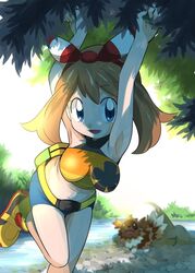 2020 belly belly_button belt blue_eyes bow breasts brown_hair cute female hainchu large_breasts legs may_(pokemon) may_(pokemon_oras) midriff nintendo pokemon pokemon_oras river shorts twintails zigzagoon