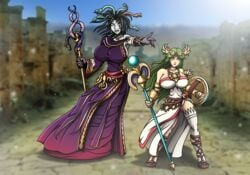 2girls dress fighting_stance green_hair hourglass_figure kid_icarus large_breasts medusa medusa_(kid_icarus) nintendo palutena re-maker remaker shield staff