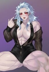 abs dorohedoro elyunae huge_breasts inviting muscular_female naughty_face noi_(dorohedoro) seductive sideboob thick_thighs