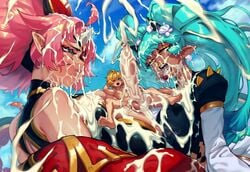 1boy 2girls ahe_gao ahoge angry aqua_hair bangs barbary big_breasts blond_male breast_press breasts bukkake cum cum_bubble cum_everywhere cum_in_nose cum_on_breasts cum_on_face cum_on_hair cum_on_upper_body cum_string dark_skin docking dragalia_lost dress eigaka ejaculation euden excessive_cum eyepatch feet flip_flops giantess gold_jewelry gold_lipstick hair_ornament hands_behind_head headgear horn horns huge_breasts hyper_penis jacket necklace off_shoulder open_mouth pearl_(gem) pearl_earrings penis_longer_than_legs penis_thick_as_legs pink_hair pointy_ears projectile_cum scylla_(dragalia_lost) shell shorts small_but_hung third_leg thong_sandals tongue_out