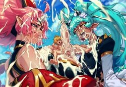 1boy 2girls ahe_gao ahoge angry aqua_hair bangs barbary big_breasts blond_male breast_press breasts bukkake cum cum_bubble cum_everywhere cum_in_nose cum_on_breasts cum_on_face cum_on_hair cum_on_upper_body cum_string dark_skin docking dragalia_lost dress eigaka ejaculation euden excessive_cum eyepatch feet flip_flops giantess gold_jewelry gold_lipstick hair_ornament hands_behind_head headgear horn horns huge_breasts hyper_penis jacket large_penis long_penis necklace off_shoulder open_mouth pearl_(gem) pearl_earrings penis penis_longer_than_legs penis_thick_as_legs pink_hair pointy_ears projectile_cum scylla_(dragalia_lost) shell shorts small_but_hung thong_sandals tongue_out