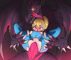 alien alien_genitalia belly_bulge blonde_hair blue_eyes blush breasts bulge claws clitoris exposed_breasts exposed_pussy eyelashes female holding holding_legs intersex krocoboi lonely_cri metroid multiple_penises nintendo nipples penis ponytail purple_skin pussy ridley ripped_bodysuit ripped_clothing samus_aran sharp_teeth shortstack size_difference spikes surprised thick_thighs thighs tongue vaginal_penetration wings worried yellow_eyes zero_suit